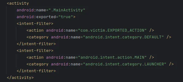 Extrait d’AndroidManifest.xml déclarant une activité exportée avec deux intent-filter