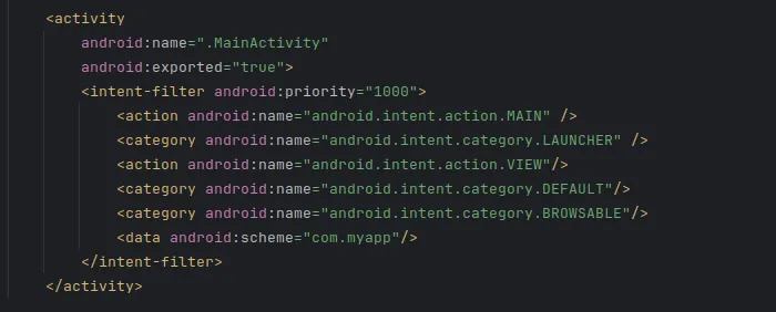 AndroidManifest.xml de l’application malveillante déclarant le même intent-filter myapp://msauth