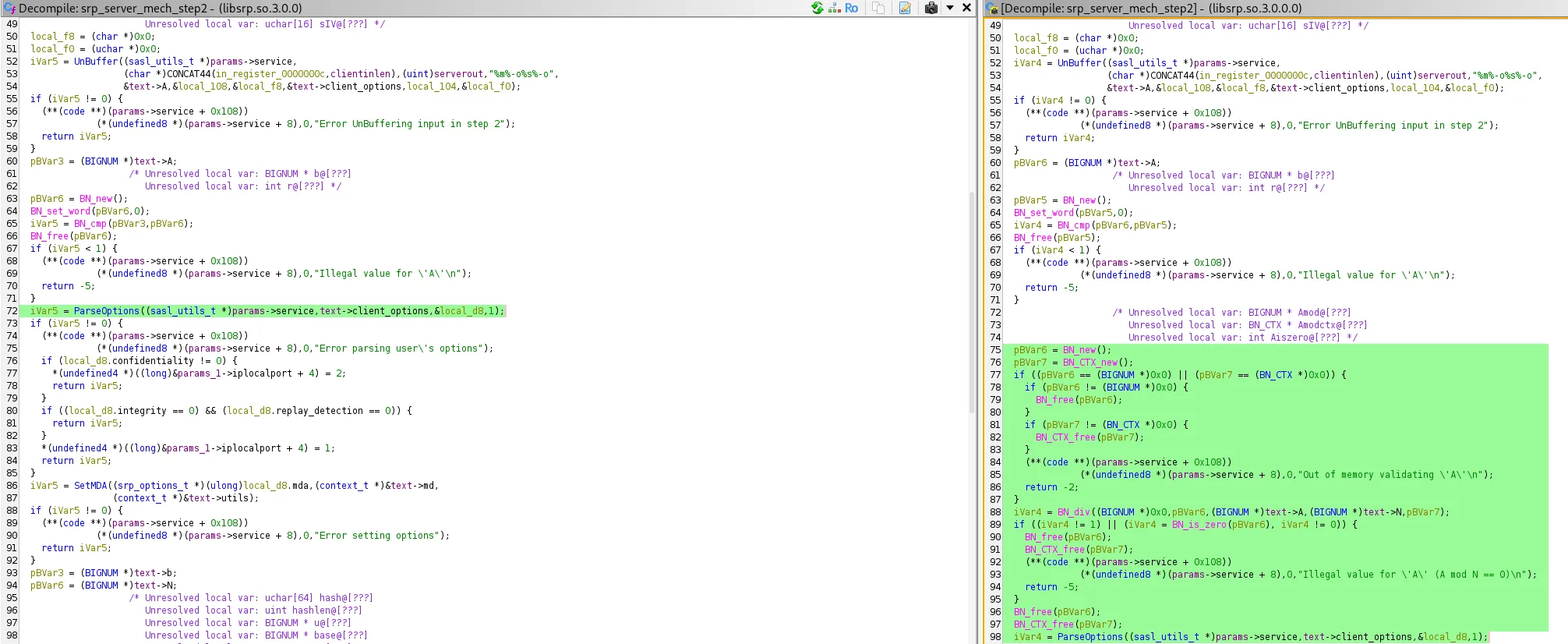 Ghidra decompiler with the vulnerable build on the left and the patched build on the right, both showing srp_server_mech_step2. The patched pane has a green-highlighted inserted block calling BN_new, BN_CTX_new and BN_div to compute A mod N, BN_is_zero to test the remainder, and returning with the new message Illegal value for A (A mod N == 0) before A is used
