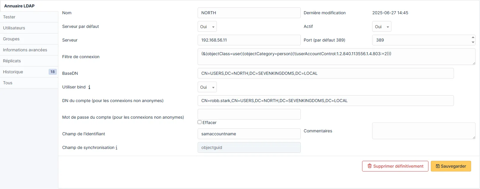 Configuration de la connexion Active Directory (LDAP) dans GLPI