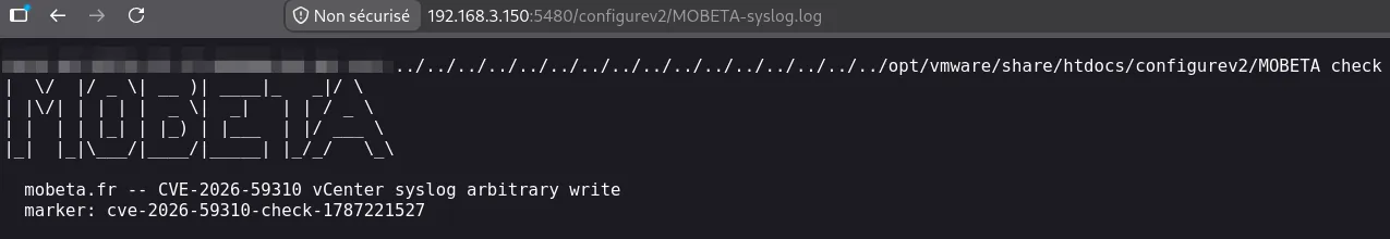 Firefox loading https://192.168.3.150:5480/configurev2/MOBETA-syslog.log and displaying the planted file content, confirming pre-authentication arbitrary write readable back over VAMI HTTPS