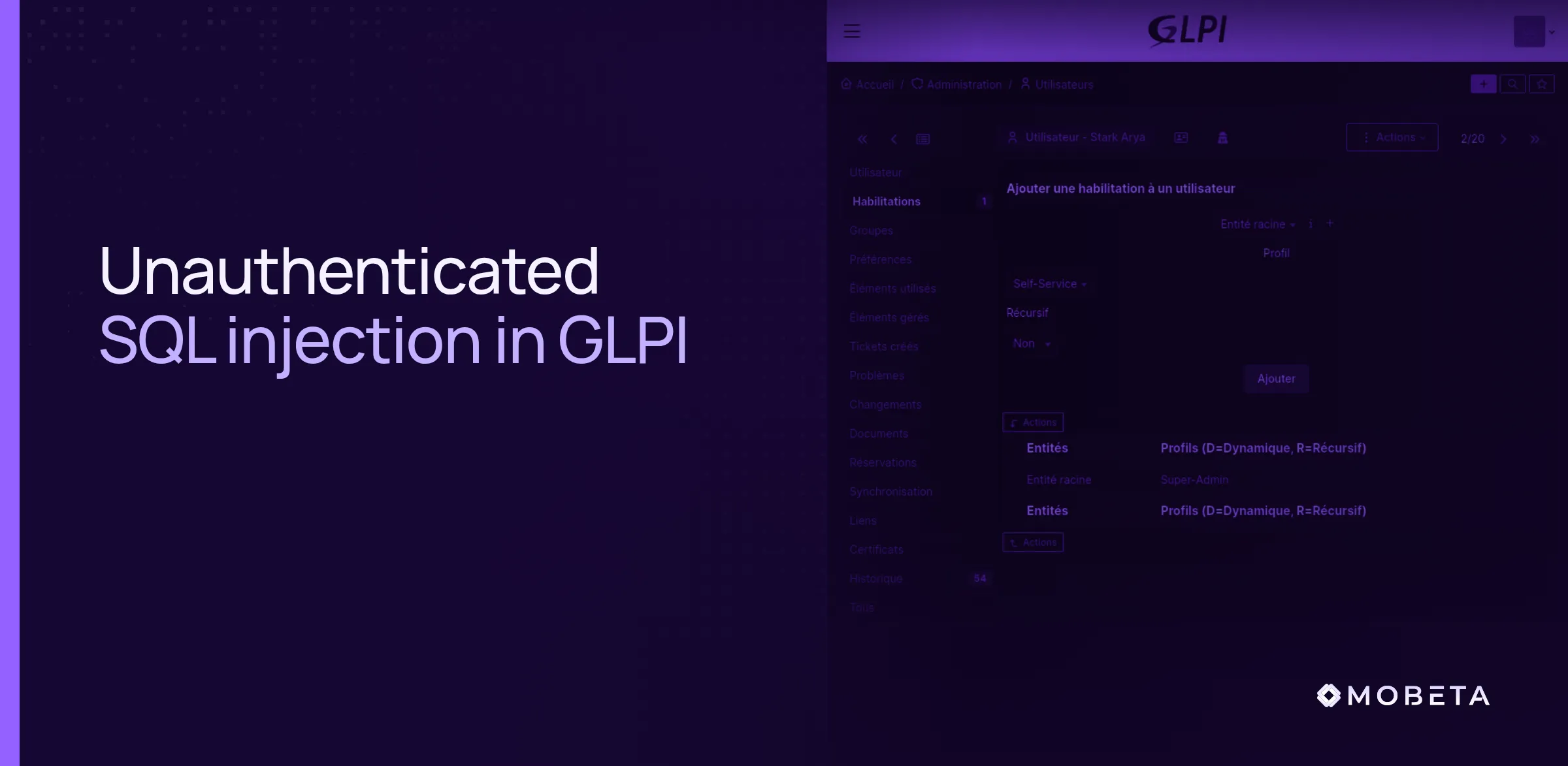 The GLPI administration interface, illustrating an unauthenticated SQL injection vulnerability in GLPI.