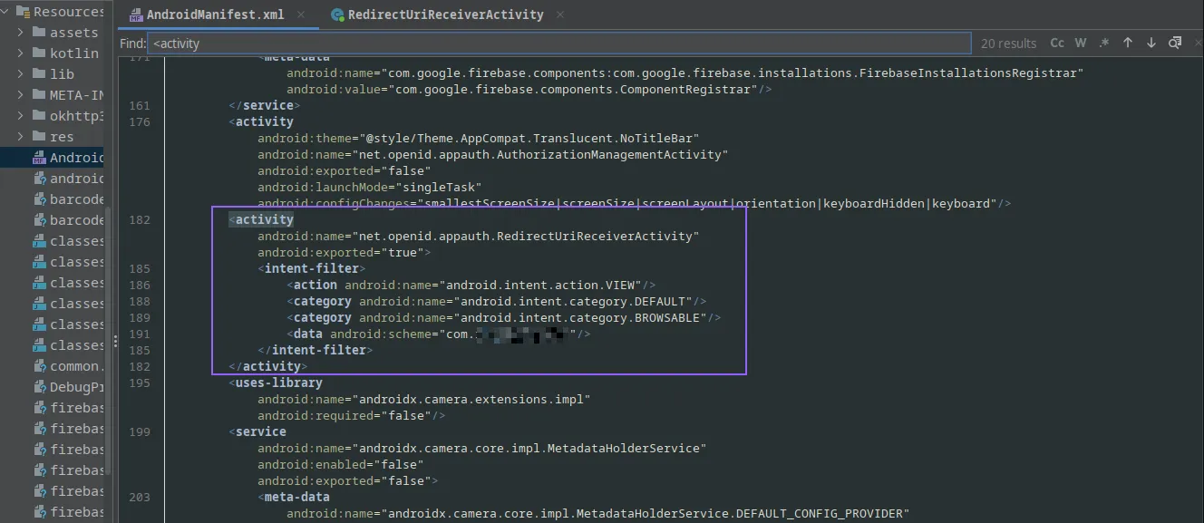 AndroidManifest.xml de l’application légitime, avec l’activité recevant le code OAuth encadrée