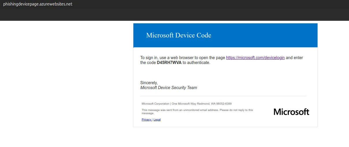 Page de phishing en ligne générant dynamiquement un code d’appareil