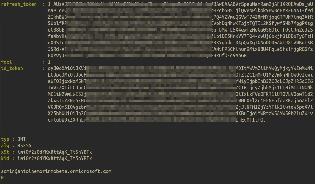 Tokens de la victime capturés par le serveur d’écoute après saisie du code