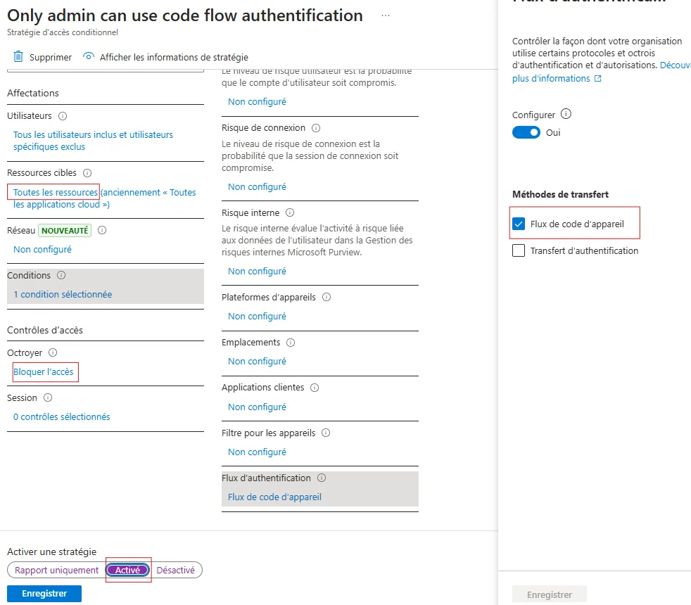 Configuration d’une politique d’accès conditionnel bloquant le device code flow dans le portail Entra