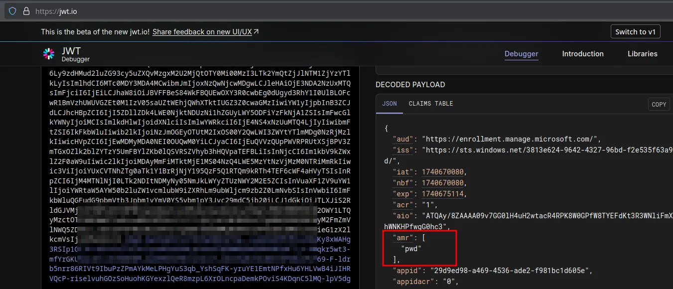 Access token décodé d’un utilisateur connecté sans MFA, dépourvu de claim d’authentification forte