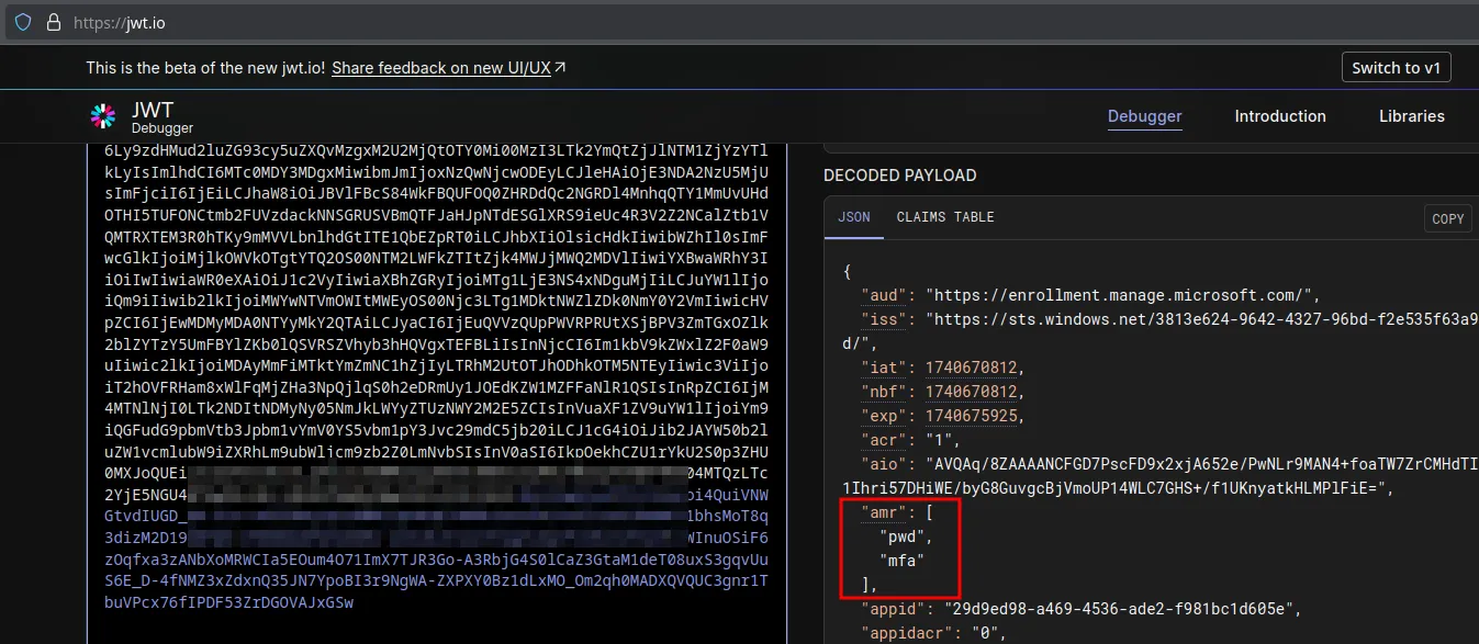 Access token décodé d’un utilisateur ayant activé la MFA, où apparaît le claim correspondant