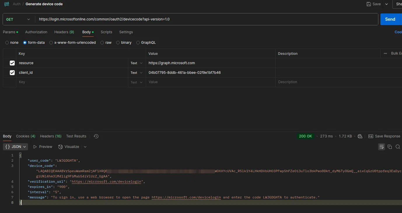 Génération d’un code d’appareil avec le Client ID de Microsoft Azure CLI et l’API Graph comme ressource