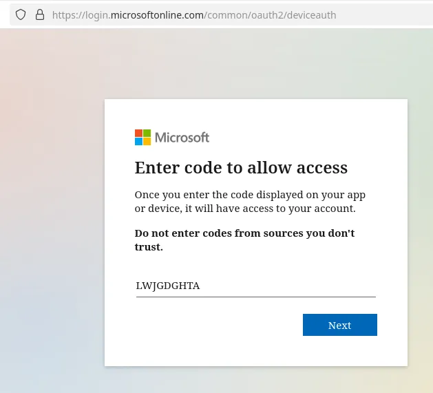 Page microsoft.com/devicelogin invitant l’utilisateur à saisir le code d’appareil