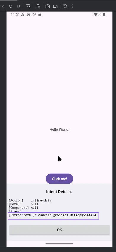 La photo revient dans notre application sous forme de Bitmap, visible dans les détails de l’Intent (Extra « data »)