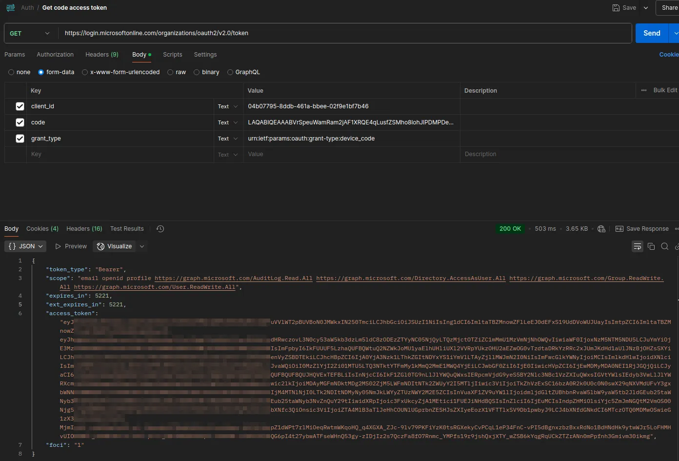 Requête HTTP échangeant le code d’appareil contre un access token et un refresh token