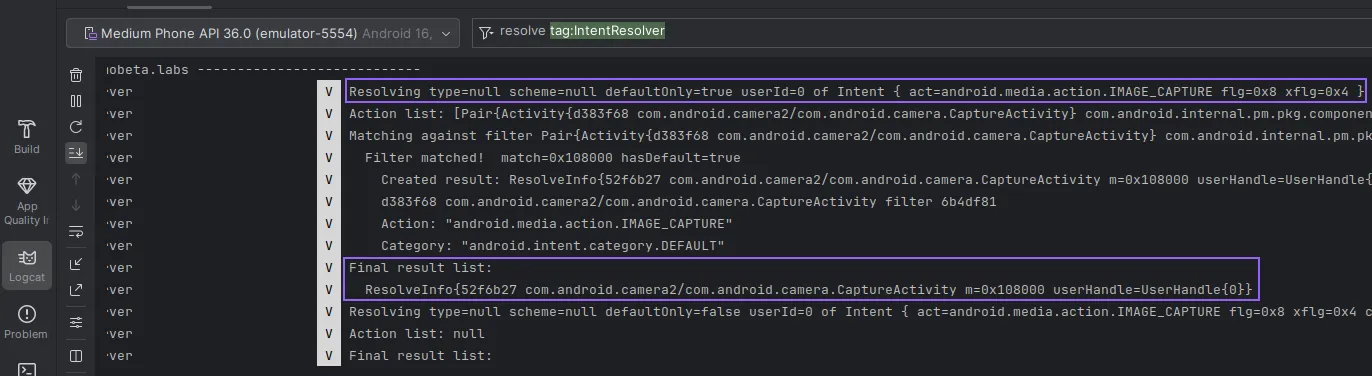 Logs Android montrant la résolution de l’Intent implicite android.media.action.IMAGE_CAPTURE