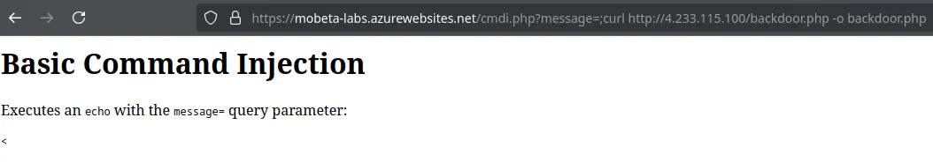 Commande téléchargeant le reverse shell PHP sur l’App Service via l’injection