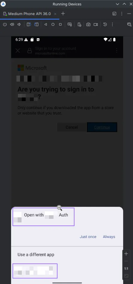 Sélecteur Android affichant les deux applications capables de recevoir la redirection OAuth