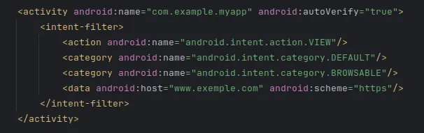 Exemple d’intent-filter sécurisé avec android:autoVerify="true" et schéma https