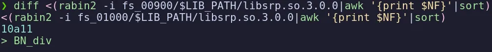 diff of the two import tables of libsrp.so, output 10a11 then a single added line BN_div, meaning BN_div is linked only in the 8.0.3.01000 build