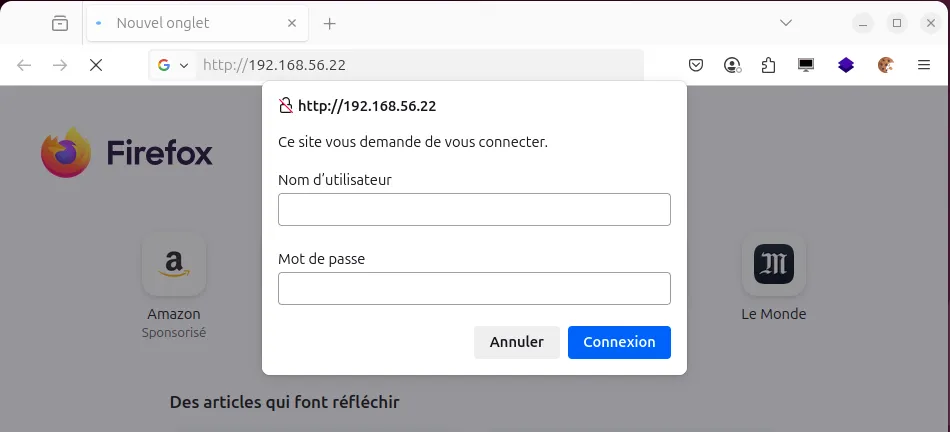 Fenêtre d’authentification NTLM affichée par le navigateur en visitant le site GLPI