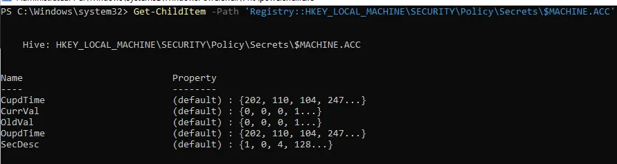 Lecture du secret $MACHINE.ACC dans la ruche SECURITY du registre local