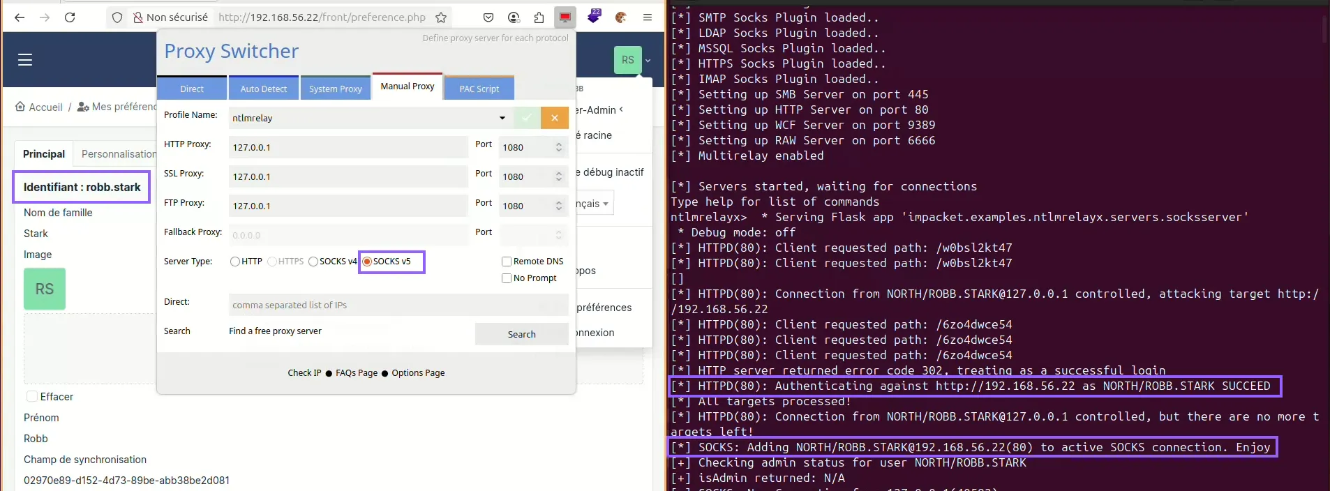 Navigation authentifiée dans GLPI via le proxy SOCKS de ntlmrelayx