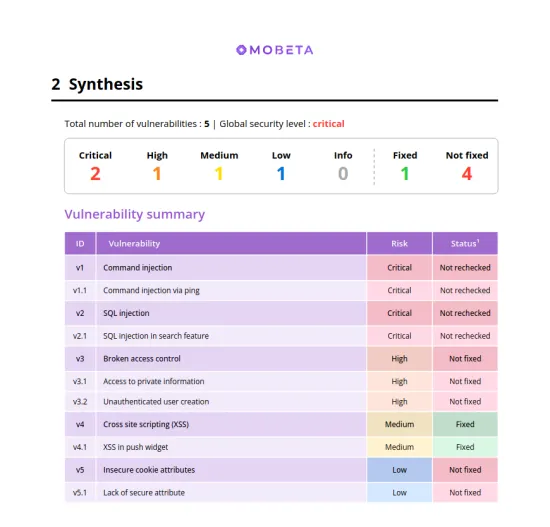 Page « Synthesis » d’un rapport de pentest : nombre de vulnérabilités par criticité et tableau récapitulatif (injection de commande, injection SQL, XSS…)