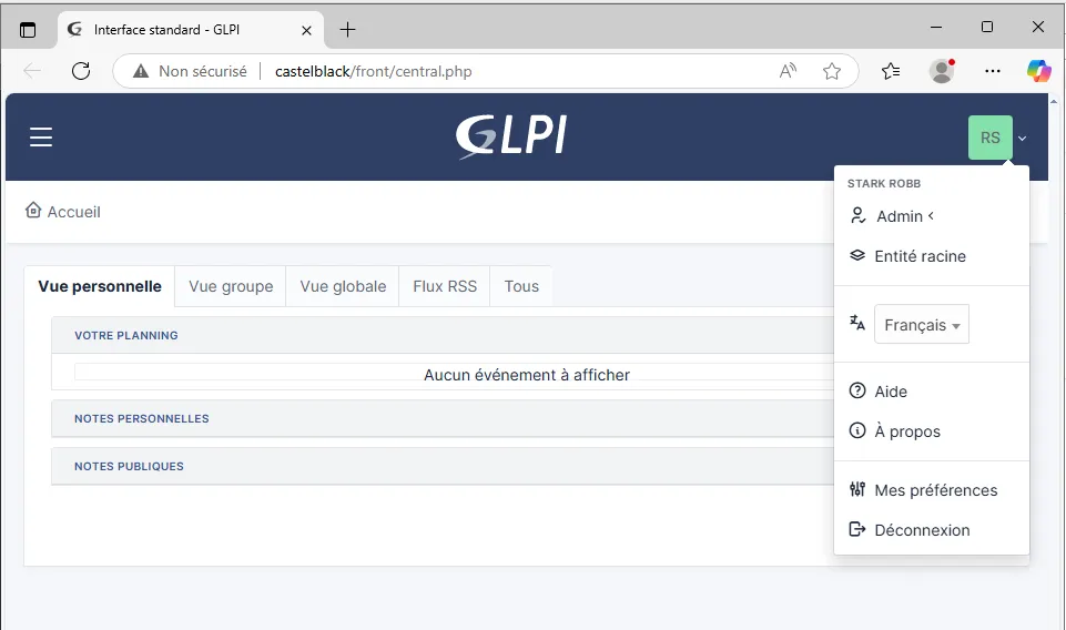 Connexion automatique à GLPI en tant que robb.stark via l’authentification NTLM (SSO)